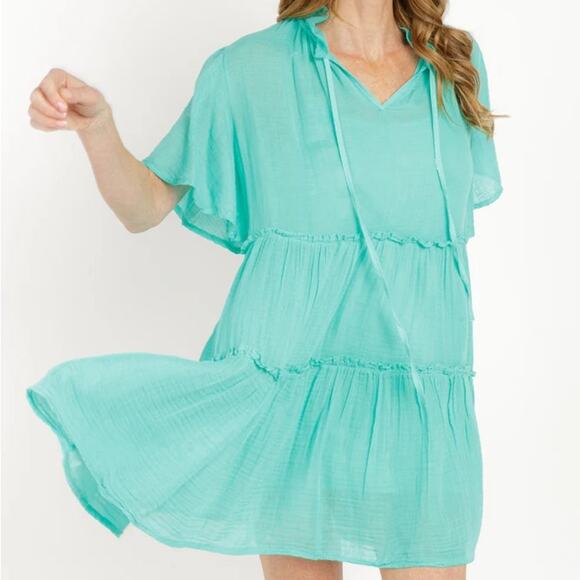 Sofia Ingrid Tiffany Teal Blue Satin Tiered Mini Dress O/S - Picture 1 of 8